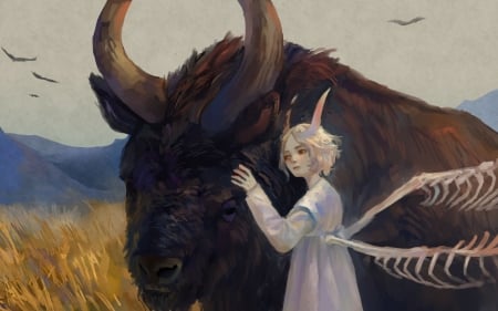 Demon girl - demon, animal, girl, rt, wings, white, fantasy, bull, horns