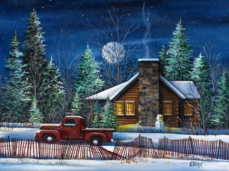 Winter moonlight - moon, snowman, winter, night, art, car, snow, moonlight, house