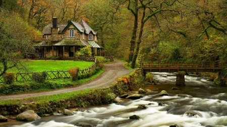 House in the Wood - wood, nature, trees, river, house