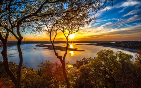 Lake Sunset - nature, sky, trees, sun, clouds, sunset