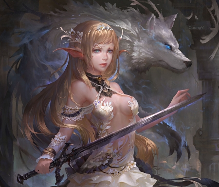 Fantasy girl - wolf, art, girl, luminos, gjschoolart, sword, fantasy