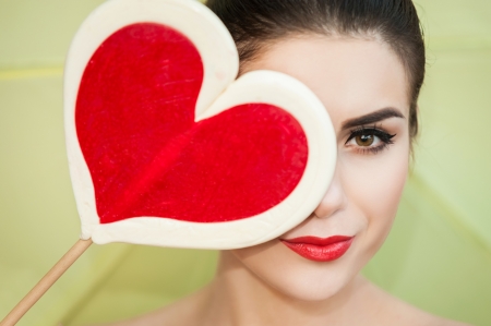 Happy Valentine's Day! - woman, girl, valentine, model, white, face, red, card, lollipop