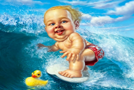 Baby Surfer - Waves, Surfer, Water, Boy, Board, Clouds, Sky, Baby