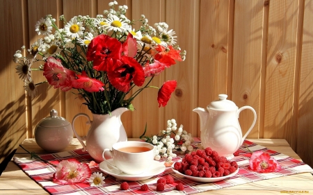 Summer Still Life - daisies, flowers, poppies, table, still life, cup