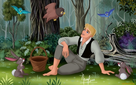 In the Forest - trees, forest, man, cartoon, animals, birds