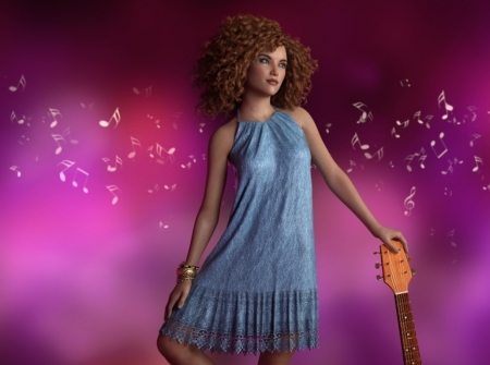 Music all over - curls, rendering, girl, guitar, frumusete, instrument, fantasy, fabiana kofman, pink, luminos, blue, dress