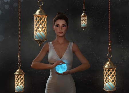 Priestess - rendering, girl, frumusete, priestess, fantasy, fabiana kofman, lantern, hand, luminos, blue