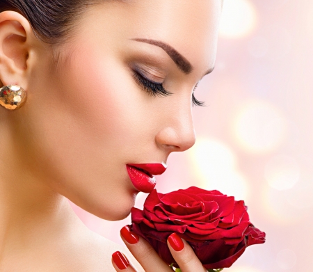 Beauty - girl, flower, red, valentine, woman, model, rose, face, anna subbotina