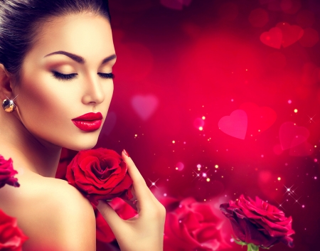 Happy Valentine's Day! - woman, bokeh, trandafir, anna subbotina, girl, heart, valentine, rose, model, hand, red, card, flower