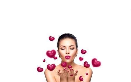 Happy Valentine's Day! - heart, girl, pink, white, hand, valentine, woman, model, kiss, card, anna subbotina