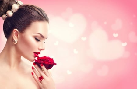 Happy Valentine's Day! - red, flower, rose, pink, model, girl, anna subbotina, card, valentine, hand, trandafir, woman