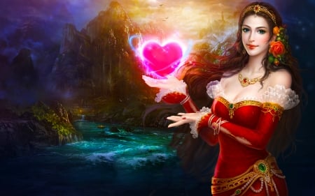 Love and Peace to Everyone - pretty, female, heart, beautiful, girl, beauty, fantasy, red, digital, valentine, woman, rose, art