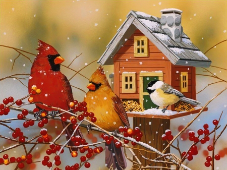 Winter birds buffet - pretty, winter, cardinals, beautiful, buffet, birdhouse, art, friends, gathering, birds, snow