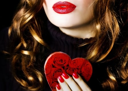 Happy Valentine's Day! - lips, hand, heart, red, valentine, girl