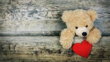 Happy Valentine's Day! - heart, red, wood, valentine, teddy bear, card, toy