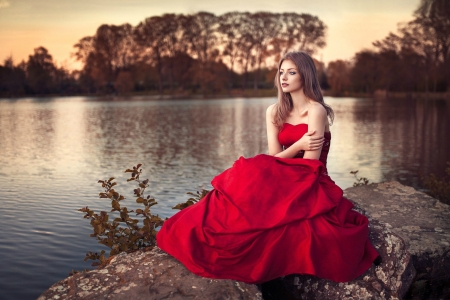 Lea Cuvillier in Red Dress - water, red, model, dress, brunette