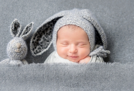 Sleeping baby - ears, bunny, copil, baby, toy, child, grey, sleep, cute