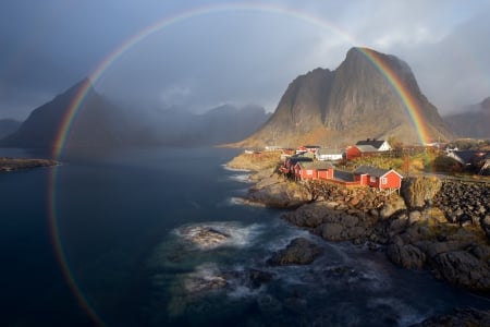 Colorful Rainbow in Norway - lofotes, mountains, landscape, clouds, sea