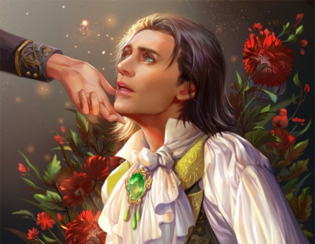 Vampire Loki - god, flower, man, vampire, fantasy, fan yang, hand, red, luminos, loki