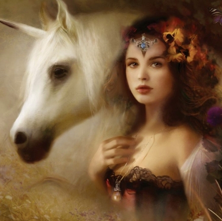 Girl and unicorn - white, art, horse, girl, luminos, bente schlick, fantasy, unicorn