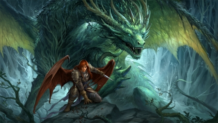 Guardians of the old forest - red, art, wings, sandara, fantasy, dragon, luminos, man, green