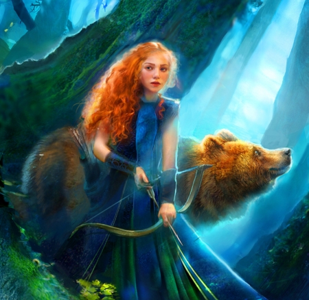 Merida - blue, merida, girl, orange, bear, bente schlick, disney, art, luminos