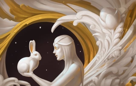 La Luna - moon, yellow, girl, bunny, fantasy, white, hand, goddess, harshanand singh, luna