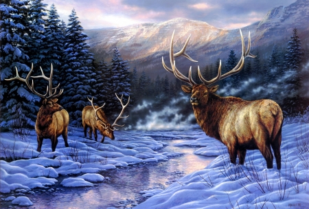 Deers - winter, snow, rosemary millette, horns, pictura, animal, deer, painting, art, luminos