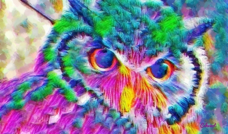 Owl - abstract, bird, yellow, by cehenot, blue, eyes, bufnita, pink, owl, colorful, pictura, green, painting, pasare, art