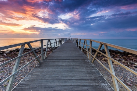 Walkway - Sunset, Beautiful, Nature, Clouds, Pier, Sunrise, Walkway, Colors, Sky, Beach