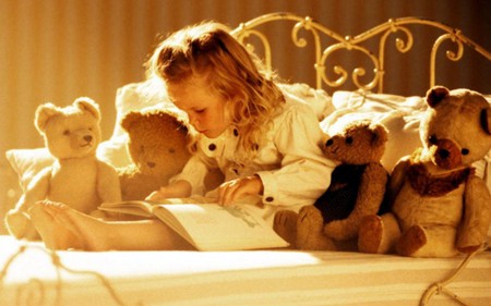 BED TIME STORY - story, bed, book, teddybears, girl