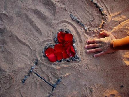 Power of Love - people, sea, writing, love, sand, shapes, hand, red, gravels, rose, lovers