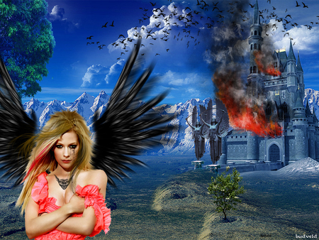 Burning Castle - bats, angel, flames, sad, wings, black wings, crying, fire, winged, fallen