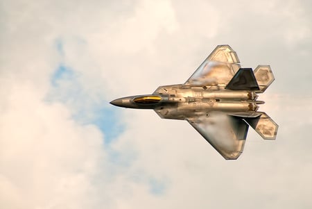 F-22 Raptor - contrail, rator, runway, f-14, sky, jet, golden, gold, air