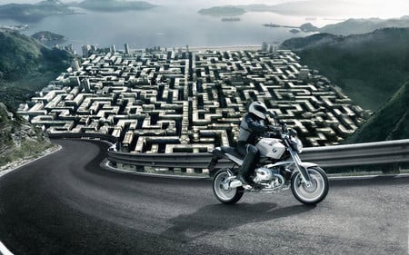 Maze - cities, water, mountains, bmw, road, maze, racing, sea, exit, motorcycles