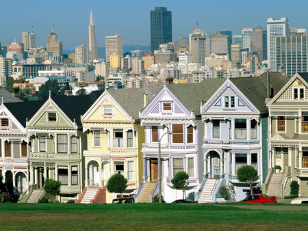 Postcard row - 1600x900, houses, postcard row, wallpaper, six sisters, row, san francisco, cool, usa, old and new, new