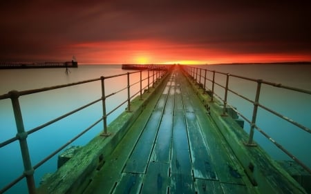 Sunset - horizon, sunlight, harbor, pier, sea