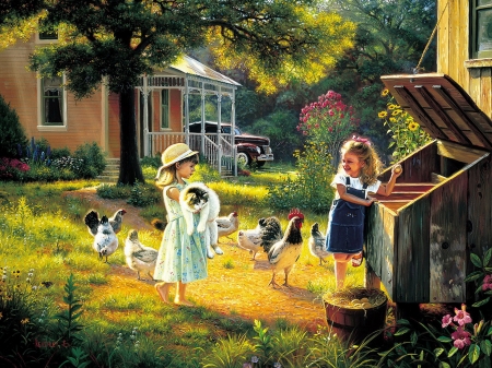 Simple treasures - house, fun, kids, beautiful, simple, spring, joy, village, girls, peaceful, art, smiling, treasures