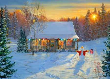 Cabin snowman - house, snowman, winter, cabin, snow, forest, sunset, peaceful, art, sun