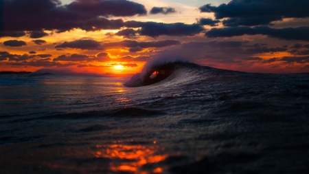 Ocean Sunset - nature, ocean, sky, clouds, sunset, waves