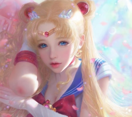 Sailor Moon - ruoxin zhang, anime, blue, portrait, girl, blonde, pink, sailor moon, frumusete, manga, fantasy, soft, serenity, face, luminos