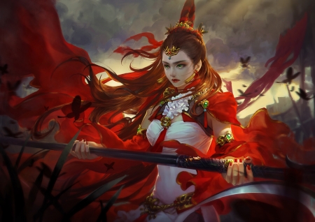 Ling Ju - girl, warrior, frumusete, asian, fantasy, mu meiren, queen, luminos, red