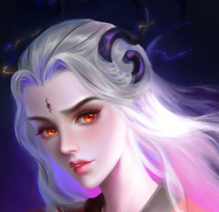 Succubus - fu sang, portrait, girl, red eyes, horns, succubus, frumusete, white, purple, face, art, luminos, demon