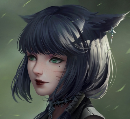 Catgirl - ears, portrait, catgirl, girl, frumusete, black, fantasy, pisica, chuby mi, face, luminos