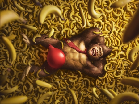 Happy gorilla - yellow, balloon, banana, monkey, fantasy, giselle almeida, funny, red, luminos, gorilla