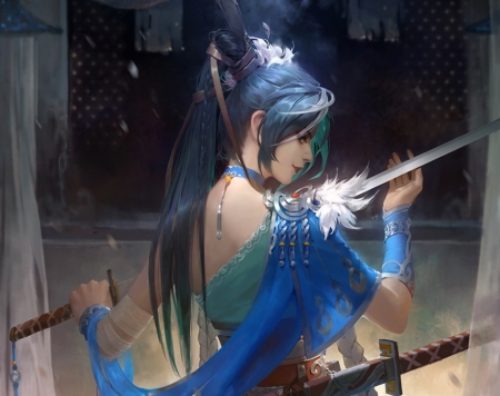 Samurai - girl, samurai, fantasy, art, luminos, katana, blue, sword, m meiren