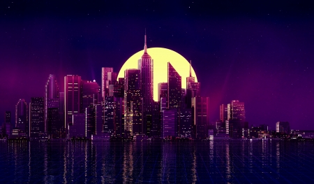 Rising moon - moon, vector, night, buildings, fantasy, purple, pink, city, luna