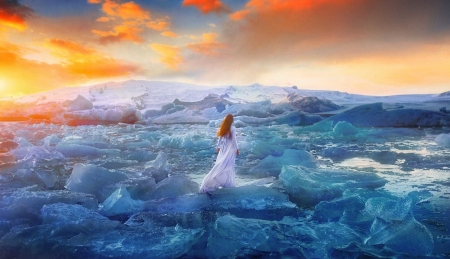 Beauty - winter, blue, girl, orange, white, sunset, nature, cloud, iarna