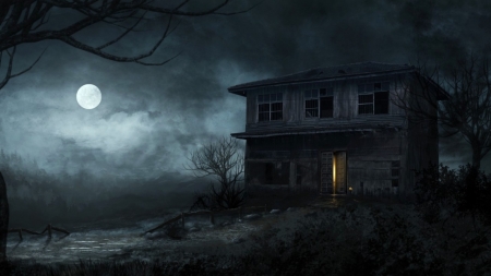 Scary House - Moon, Abadoned, River, Scary, Dark, House