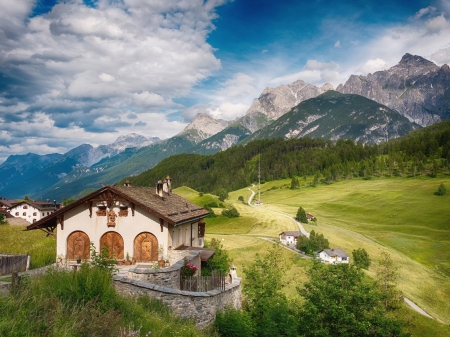 Houses Near The Mountains - nature, sky, houses, clouds, mountains